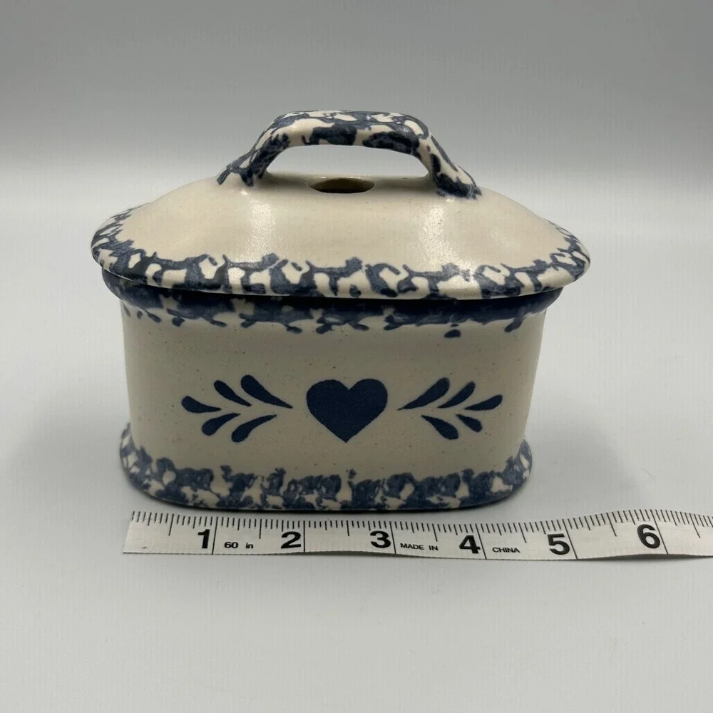 Blue Spongeware Heart Pottery Butter Dish Lid Farmhouse Stoneware Trinket Box